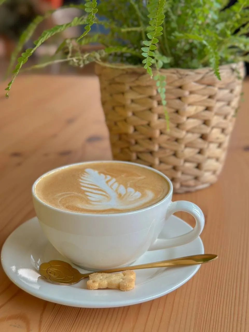 Latte ar piena putu zīmējumu baltā tasē uz koka galda